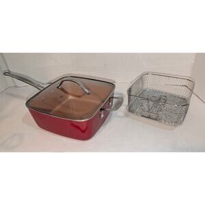 Red Copper 10” Square 4Pc Pan Set Deep Fry Roast Steam Bake Non Stick Cookware